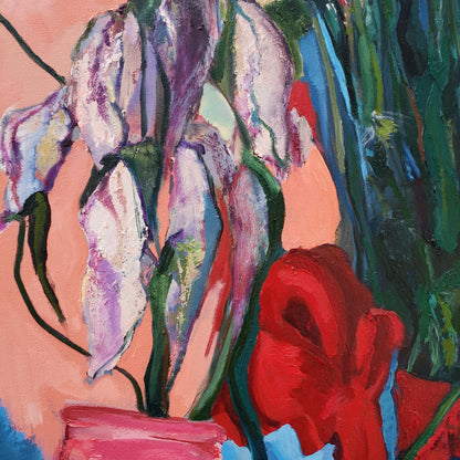 Colorful abstract oil painting of flowers and leaves