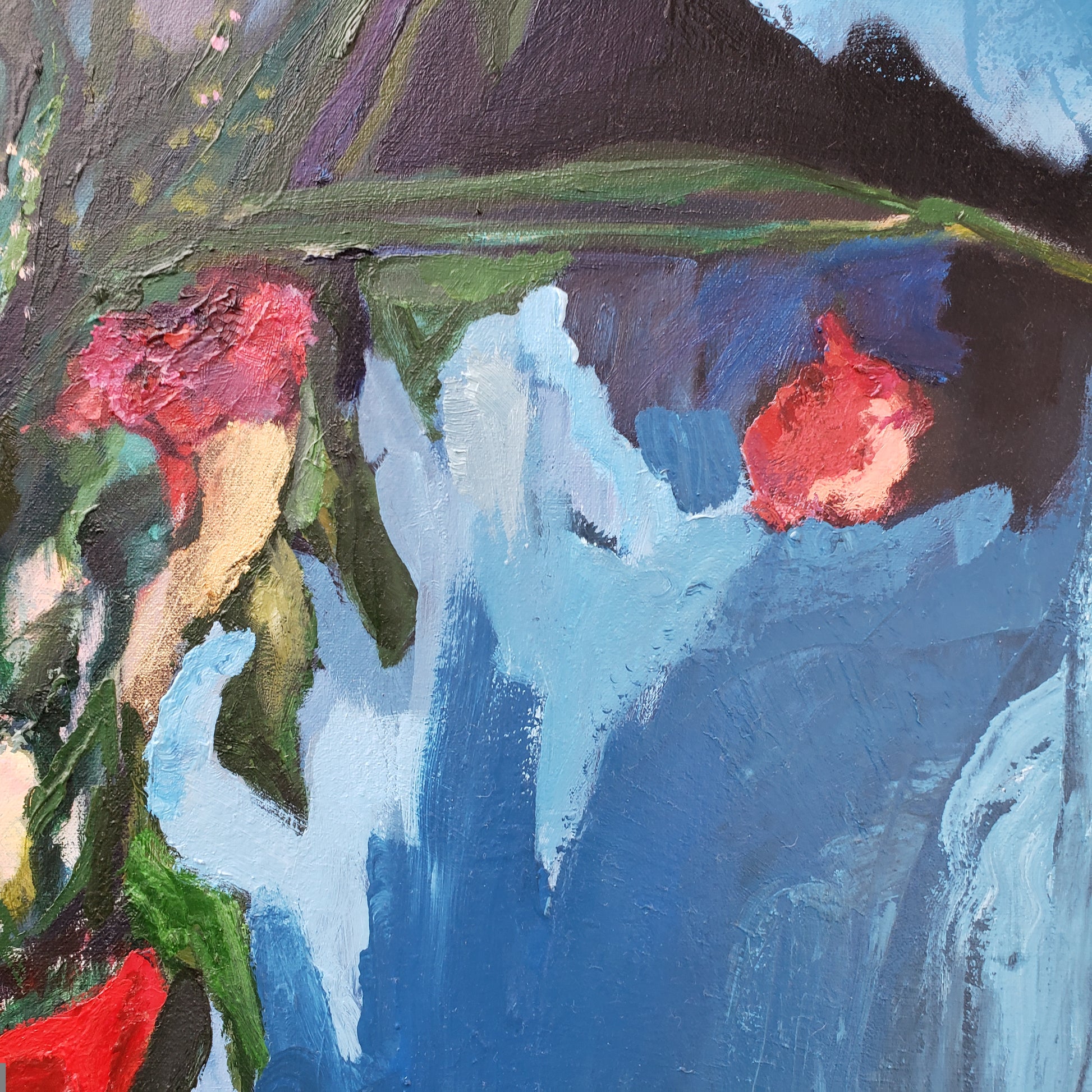 Abstract painting with red flowers and blue background