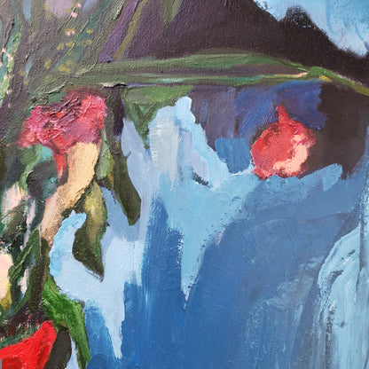 Abstract painting with red flowers and blue background