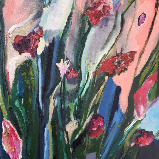 Abstract flower oil painting with pink and green colors