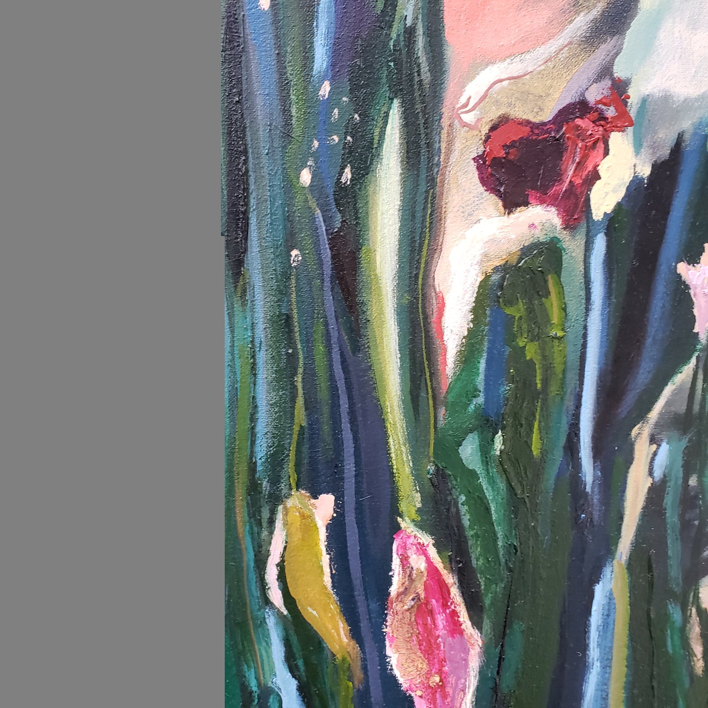 Artistic depiction of flowers with a focus on red and pink blossoms against a gray background