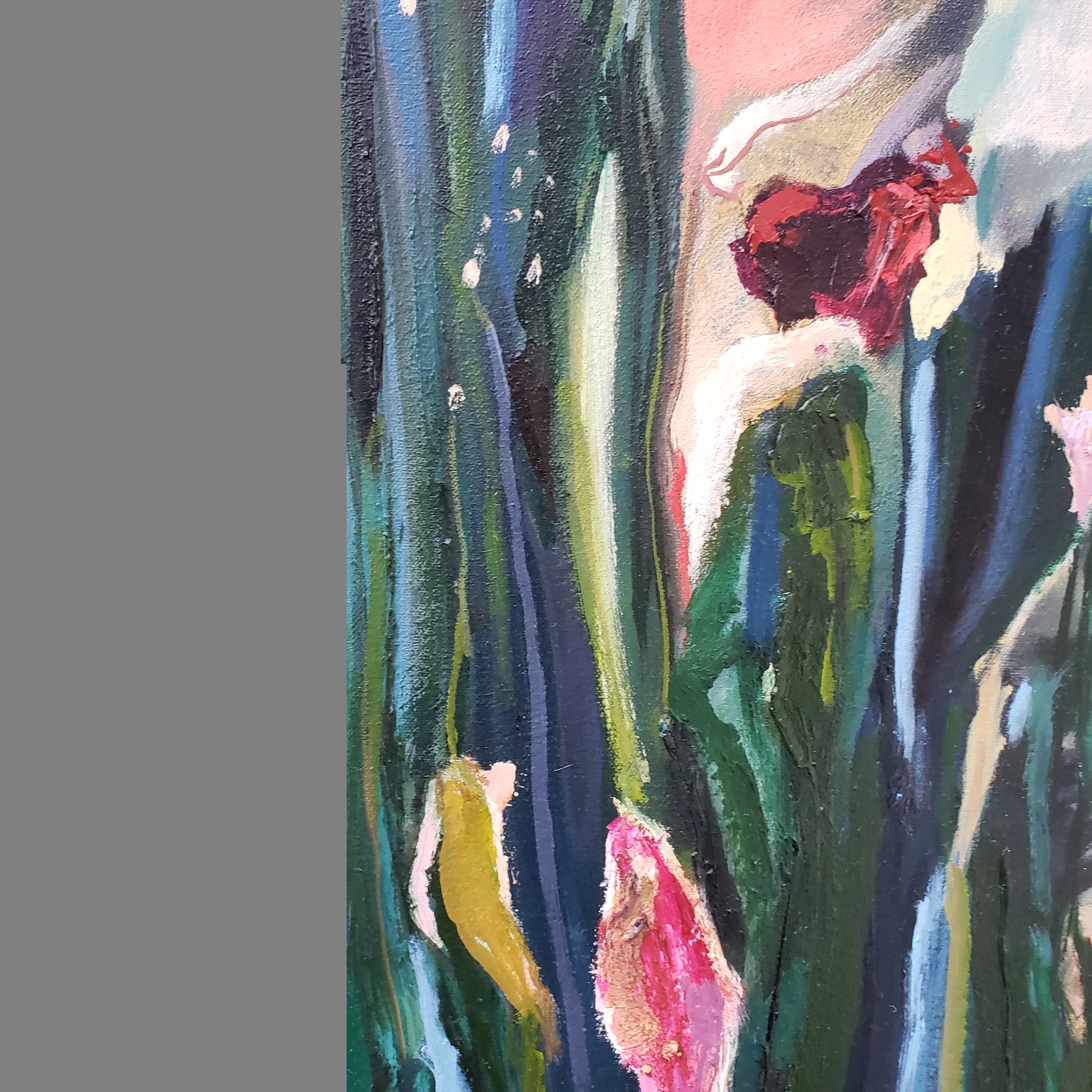 Artistic depiction of flowers with a focus on red and pink blossoms against a gray background