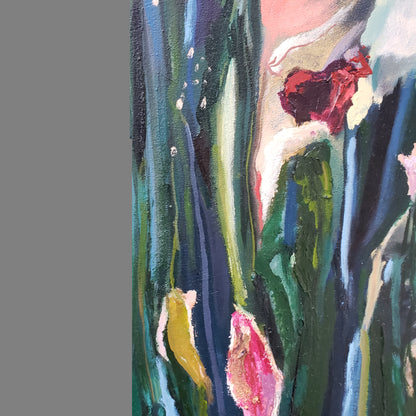 Artistic depiction of flowers with a focus on red and pink blossoms against a gray background