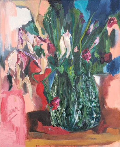 Abstract painting of a vase with flowers on a colorful background