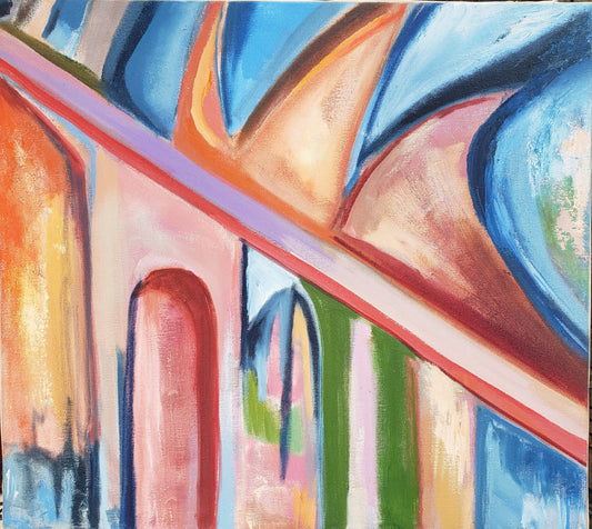 Original abstract oil painting, a study for a larger work by Jessica Puma.  Features architectural details of a ceiling with arches and curved lines in blue, orange, pink, green, yellow, and red tones.