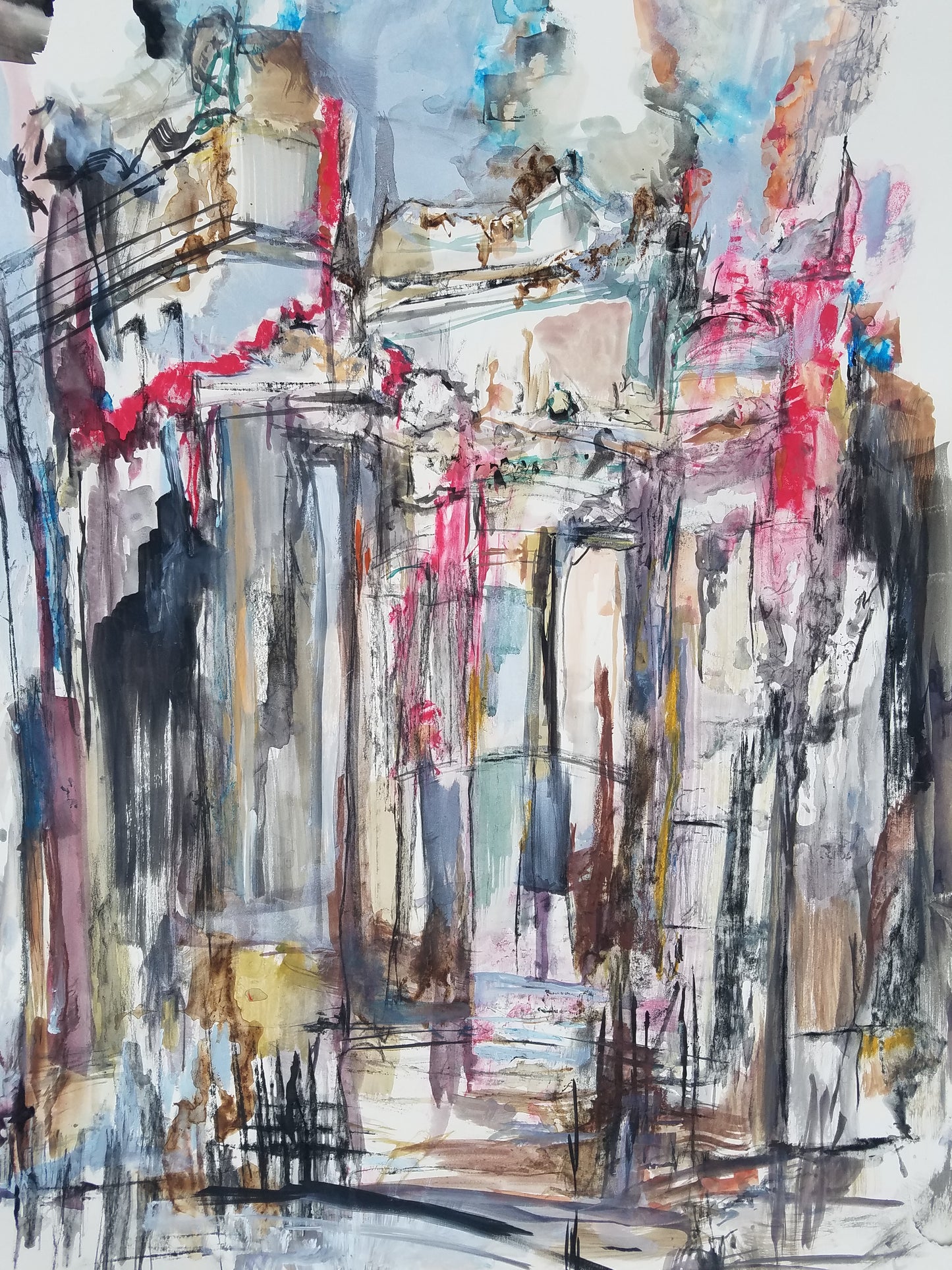 Abstract watercolor painting of the OPera House  in Kyiv, Ukraine by Jessica Puma featuring expressive brushstrokes in gray, beige, white, black, blue, and vibrant red accents.
