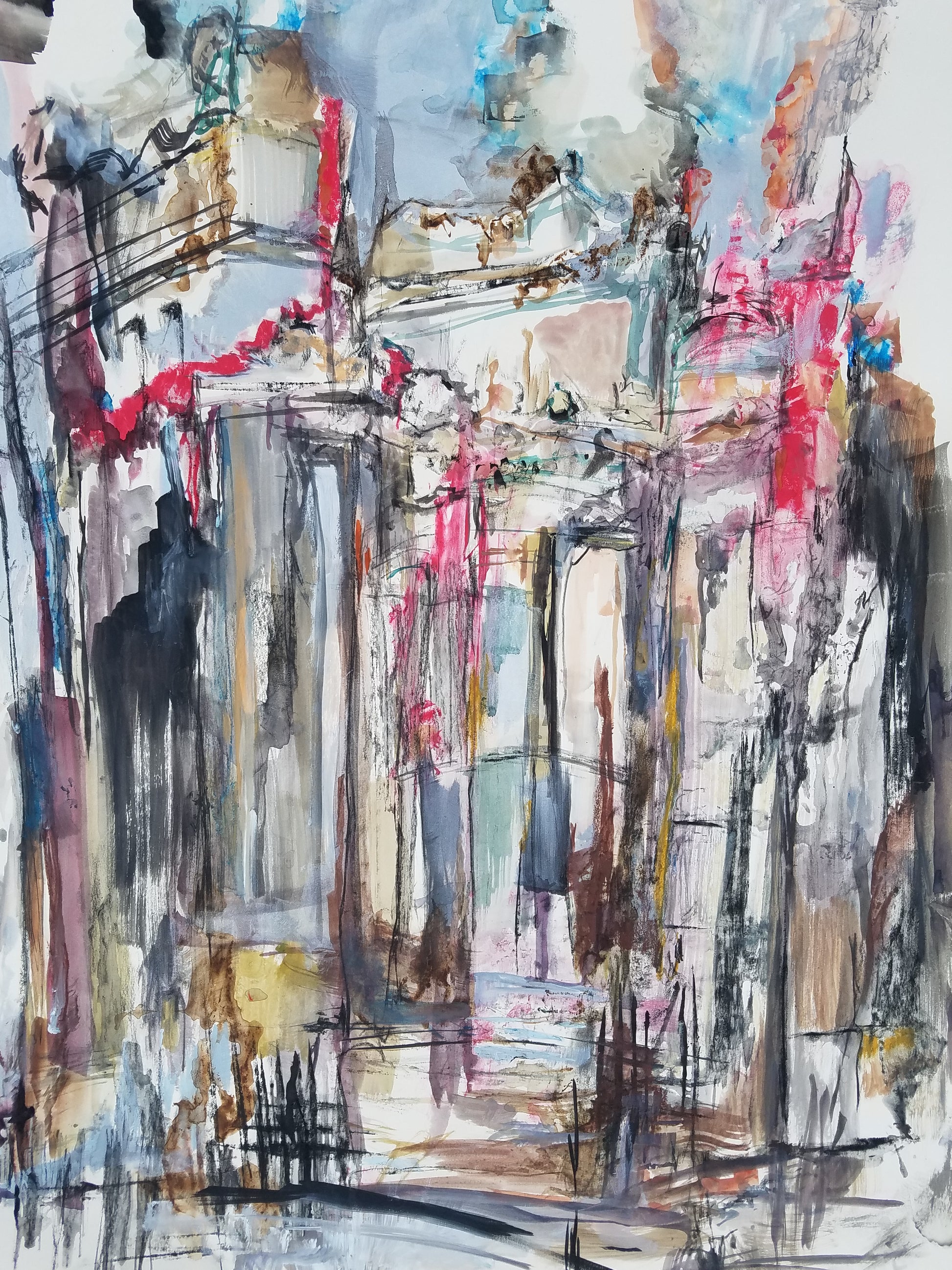 Abstract watercolor painting of the OPera House  in Kyiv, Ukraine by Jessica Puma featuring expressive brushstrokes in gray, beige, white, black, blue, and vibrant red accents.