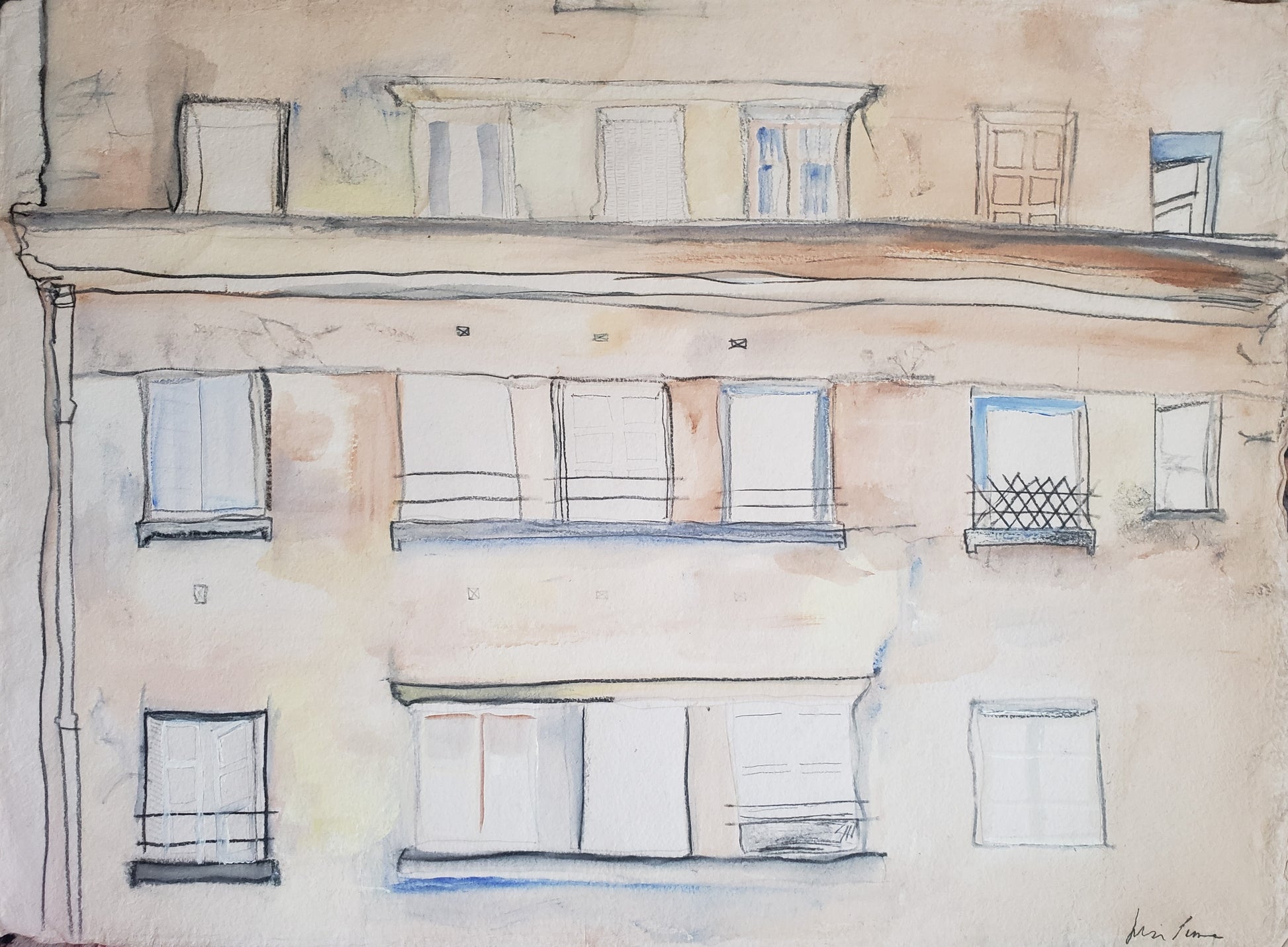 Original watercolor painting of an old Pairs building facade by Jessica Puma with multiple windows, rendered in soft beige, brown, blue, and white tones.