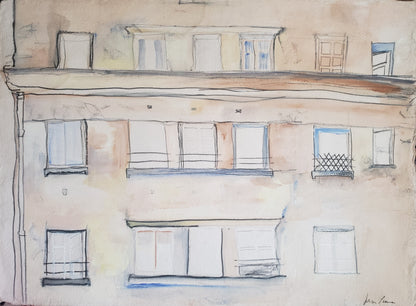 Original watercolor painting of an old Pairs building facade by Jessica Puma with multiple windows, rendered in soft beige, brown, blue, and white tones.