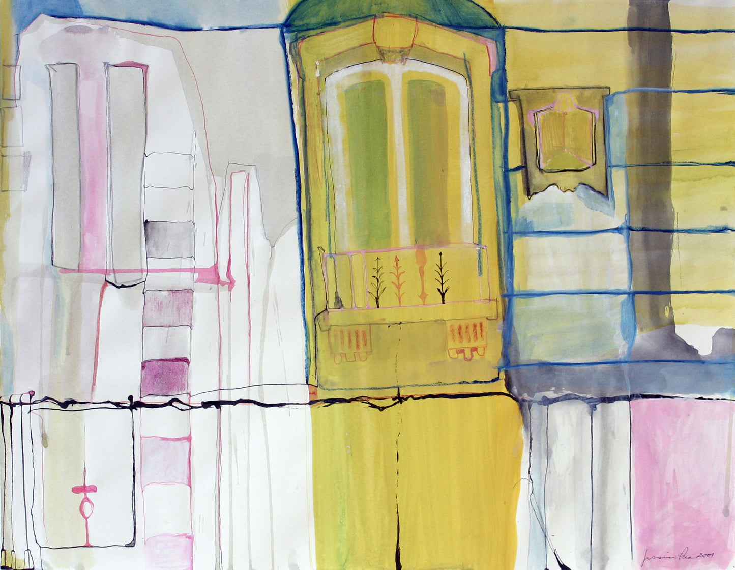 An abstract watercolor painting depicting architectural elements, featuring a central yellow window-like form, pink and white side structures, blue lines, and a dark vertical shape, with no visible frame or background border.