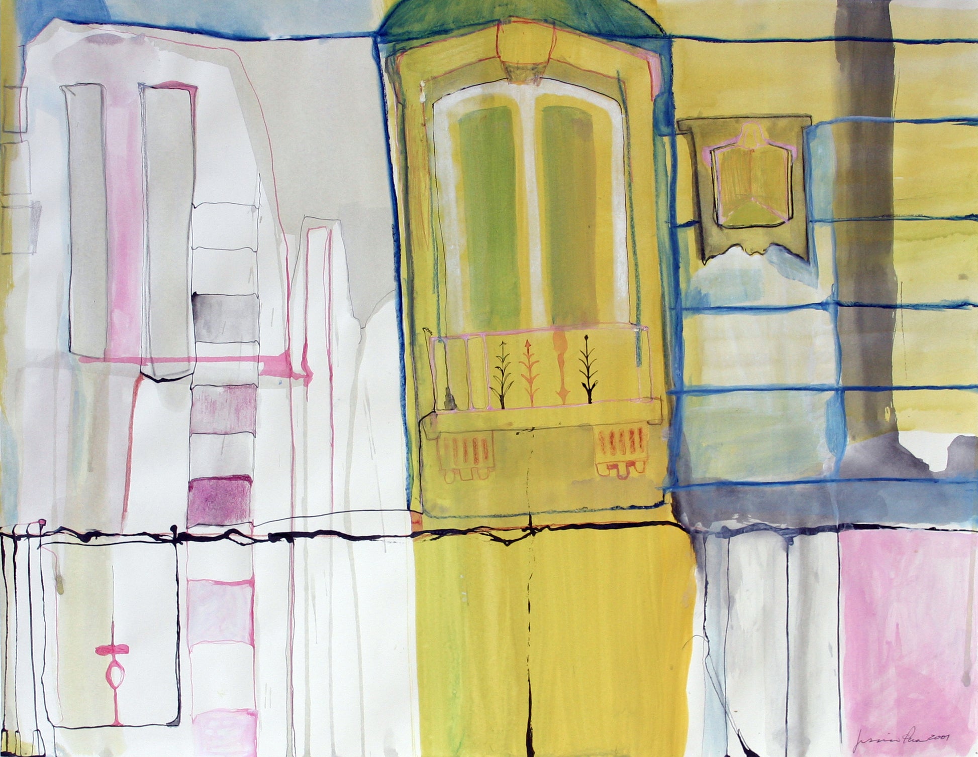 An abstract watercolor painting depicting architectural elements, featuring a central yellow window-like form, pink and white side structures, blue lines, and a dark vertical shape, with no visible frame or background border.