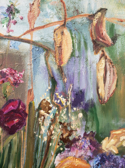 Ceremony by Jessica Puma, close up featuring impasto oil painting and textural surface.