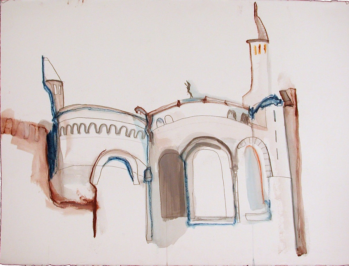 Jessica Puma's watercolor painting of the Basilica of Sacre Coeur, Paris France,  with arches and columns on a white background.