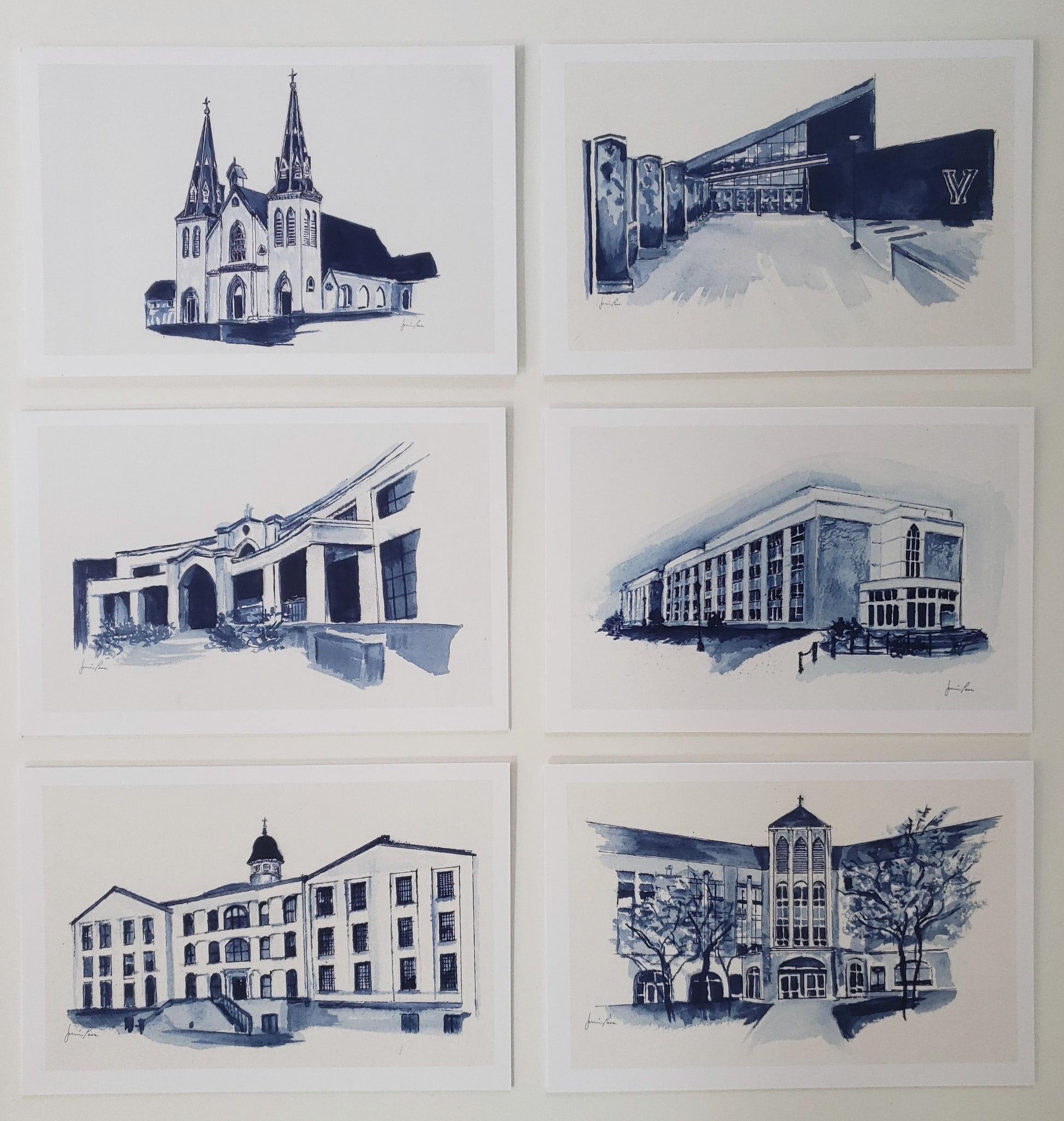 Set of six Villanova University architectural drawings in blue ink on a white background