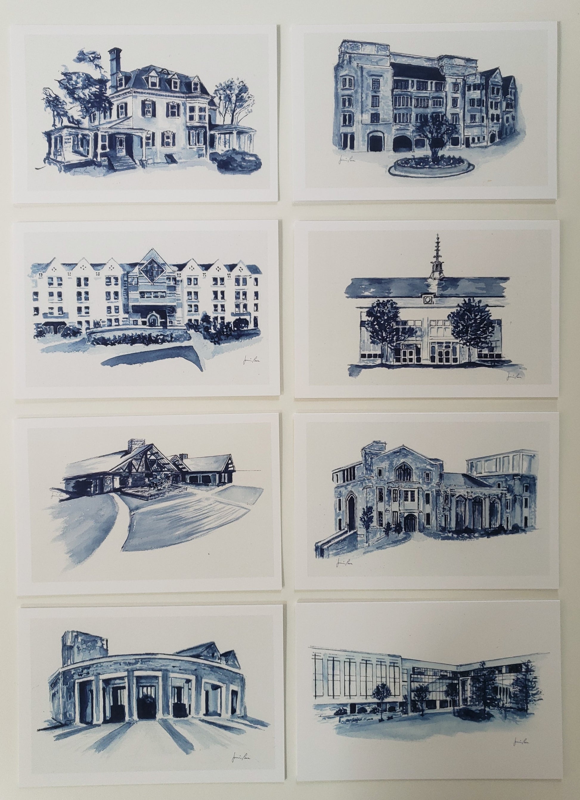 Set of Villanova University architectural drawings of various buildings on a white background