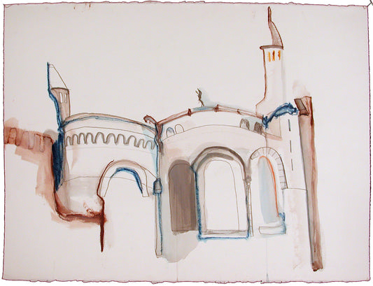 White Heart by Jessica Puma depicts Sacre Coeur as a large grey and white silhouette in Paris.  A watercolor architectural sketch with towers and arched windows, rendered in brown, blue, gray, and orange tones on a white paper background.