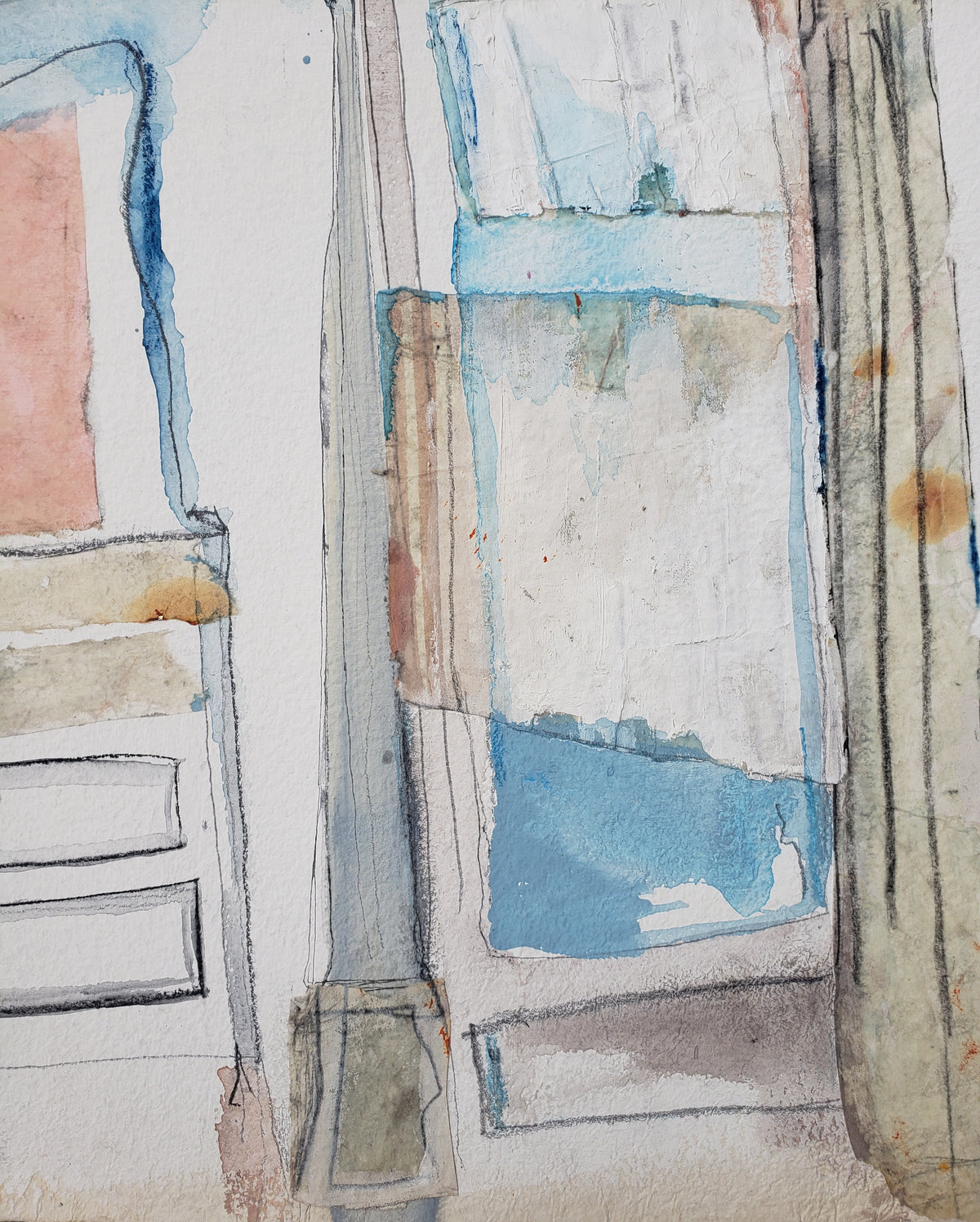 A close-up watercolor painting of architectural details, featuring blue, beige, and gray tones with visible paper texture.