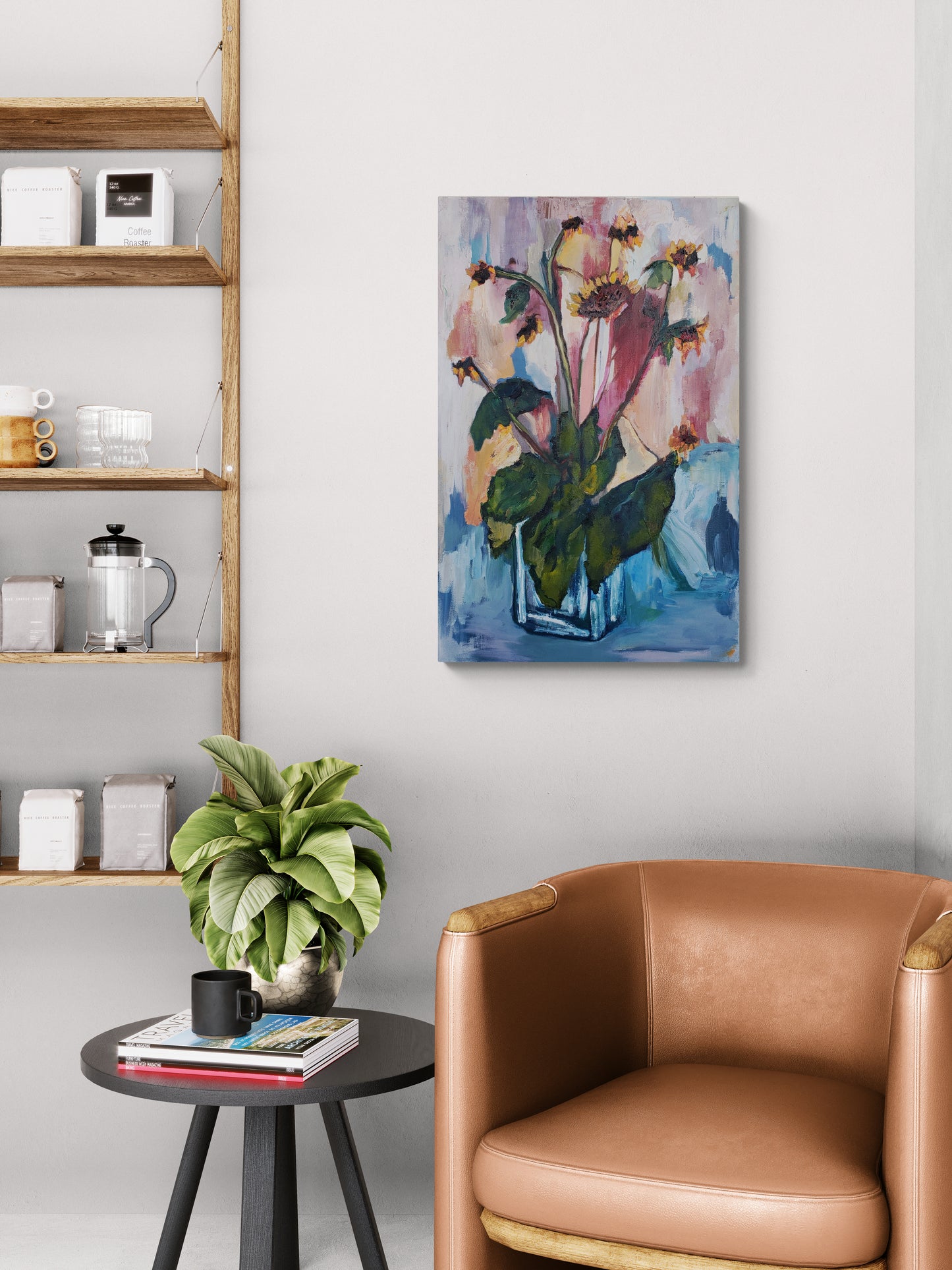 Living room with a brown leather chair, small round table, plant, and abstract flower oil painting on the wall.