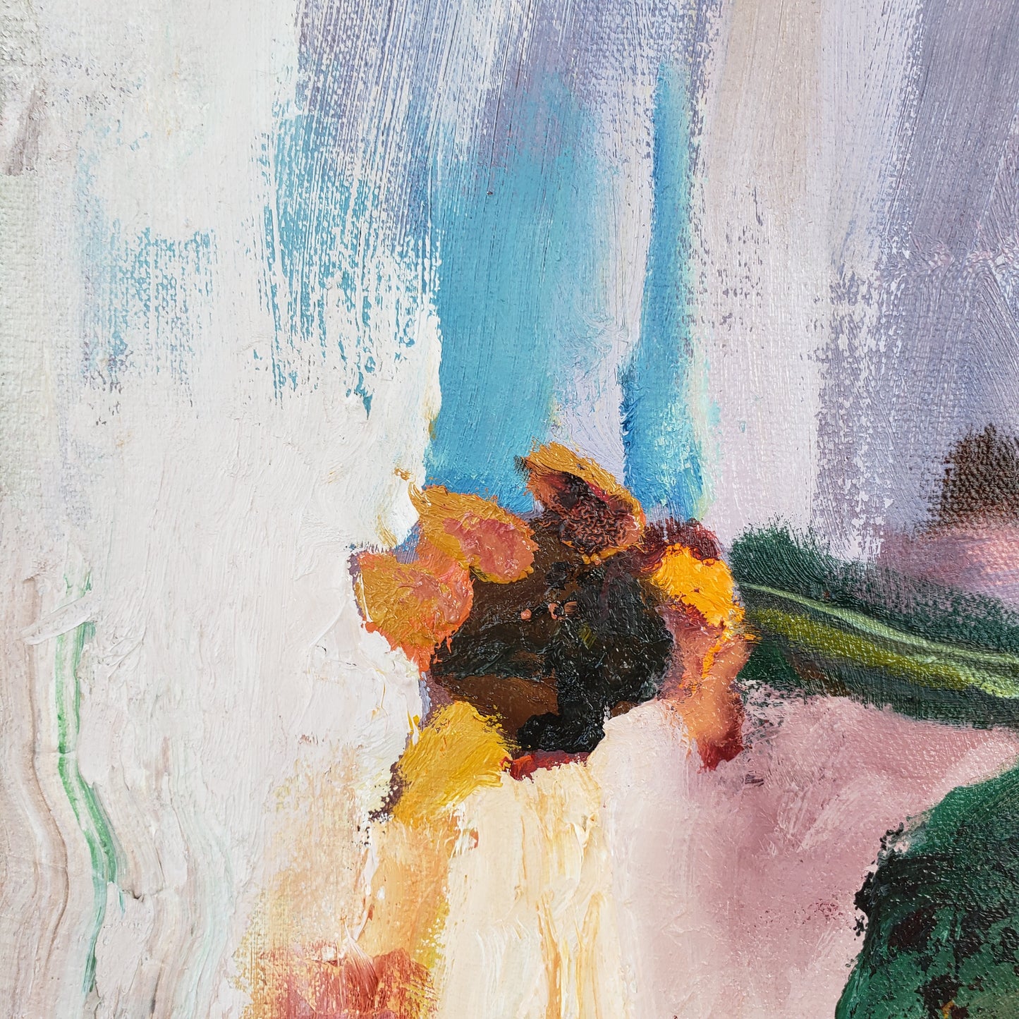 Close-up of a flower oil painting with abstract colors and shapes