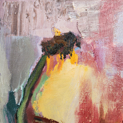 Abstract flower oil painting with a sun-like shape in yellow and pink tones.