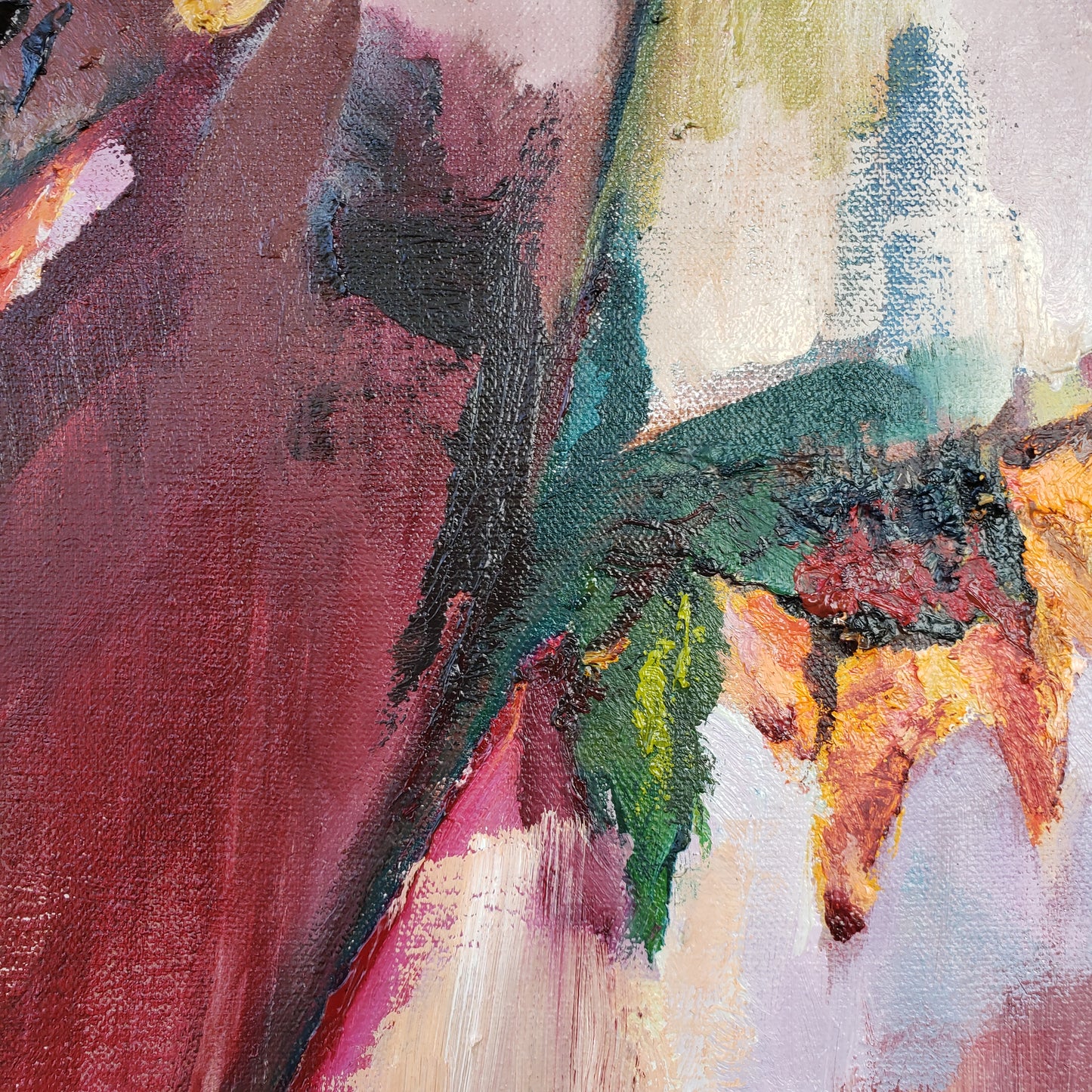 Abstract flower oil painting with a mix of colors including green, red, and yellow.