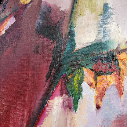 Abstract flower oil painting with a mix of colors including green, red, and yellow.