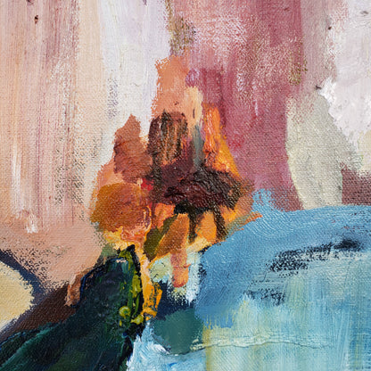 Abstract flower oil painting with a mix of colors and textures