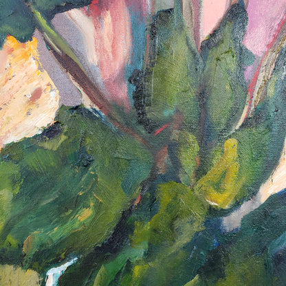 Abstract flower oil painting with green, pink, and yellow colors