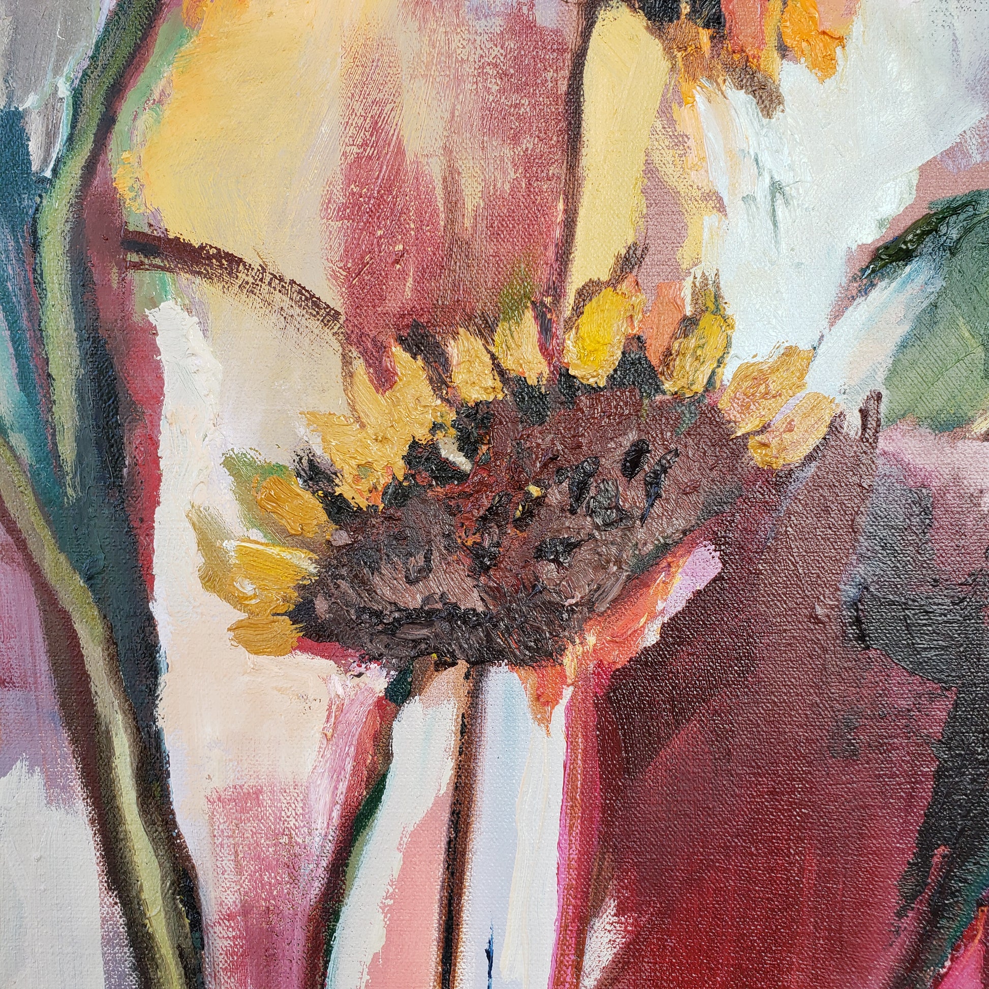 Close-up of a colorful abstract flower oil painting with vibrant colors and brush strokes.
