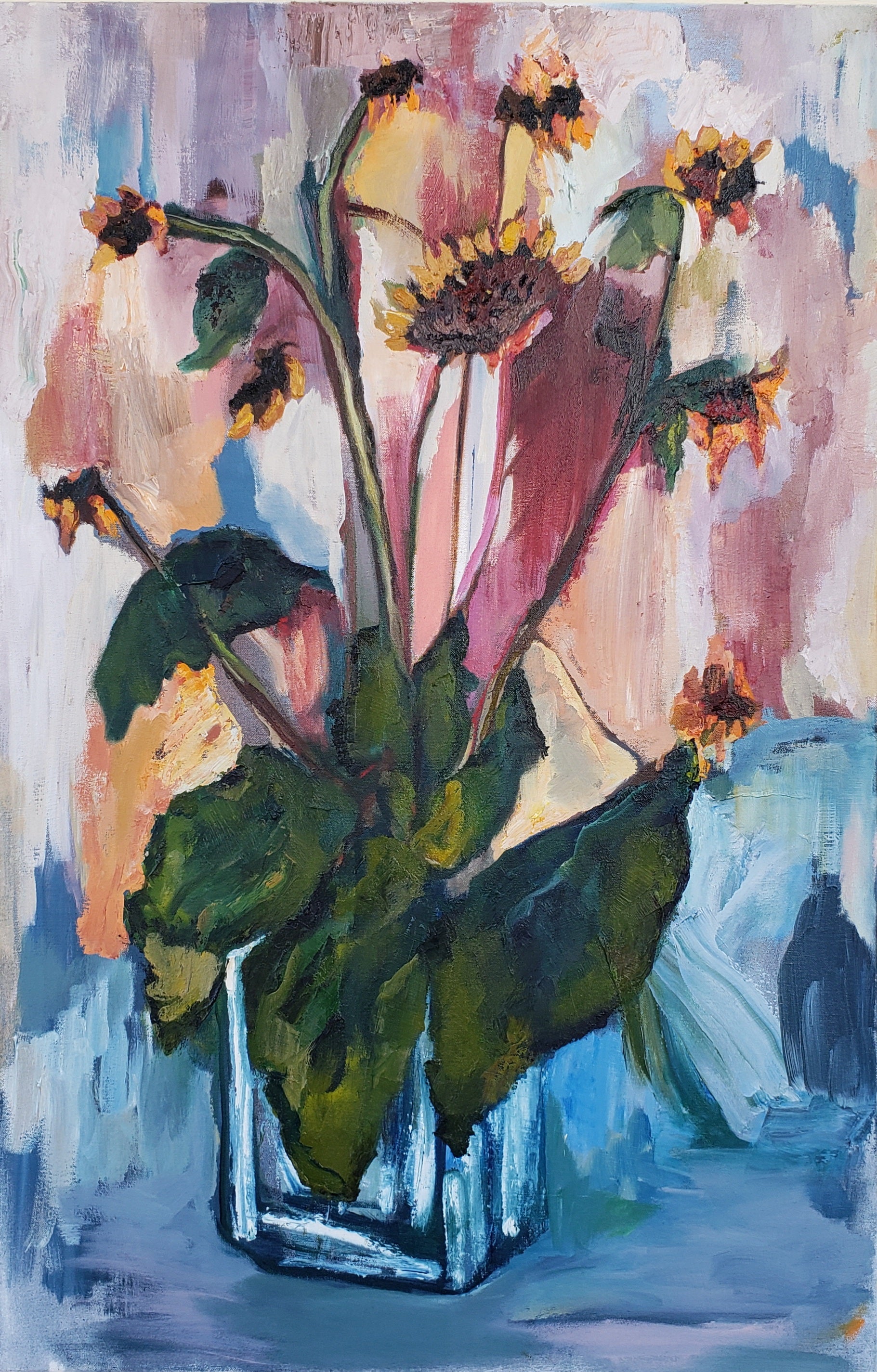 Artistic depiction of flowers in a vase with abstract background oil painting
