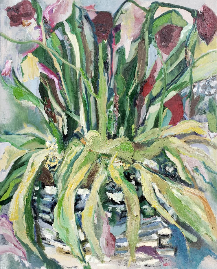 Colorful flower oil painting with green leaves and pink flowers.